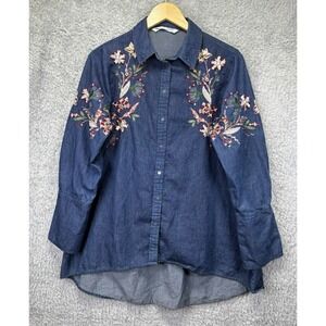 Zara Basic Z1975 Denim Floral Embroidered Button Down Shirt Blue Womens Large